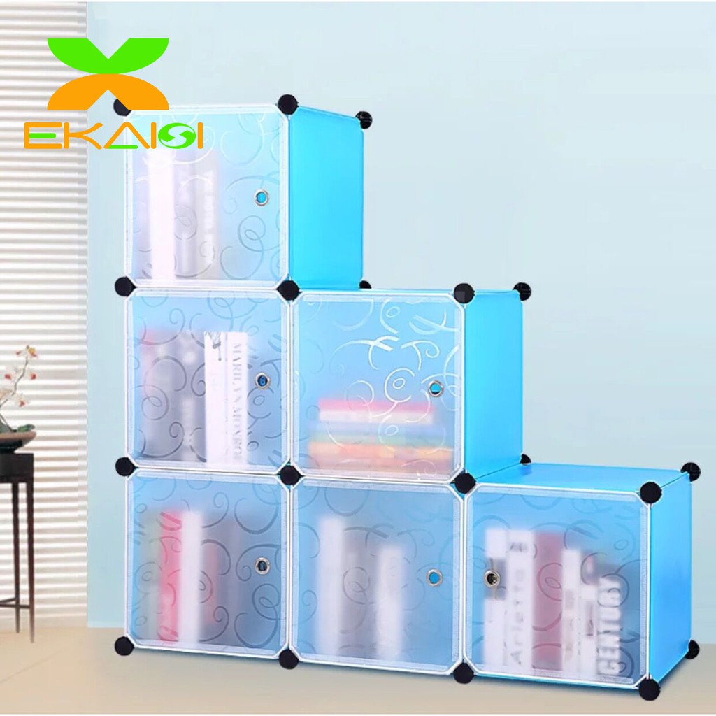 Ekaisi Lemari pakaian plastik lemari portable baju rak serbaguna rak buku 1+2+3 kotak pintu polos