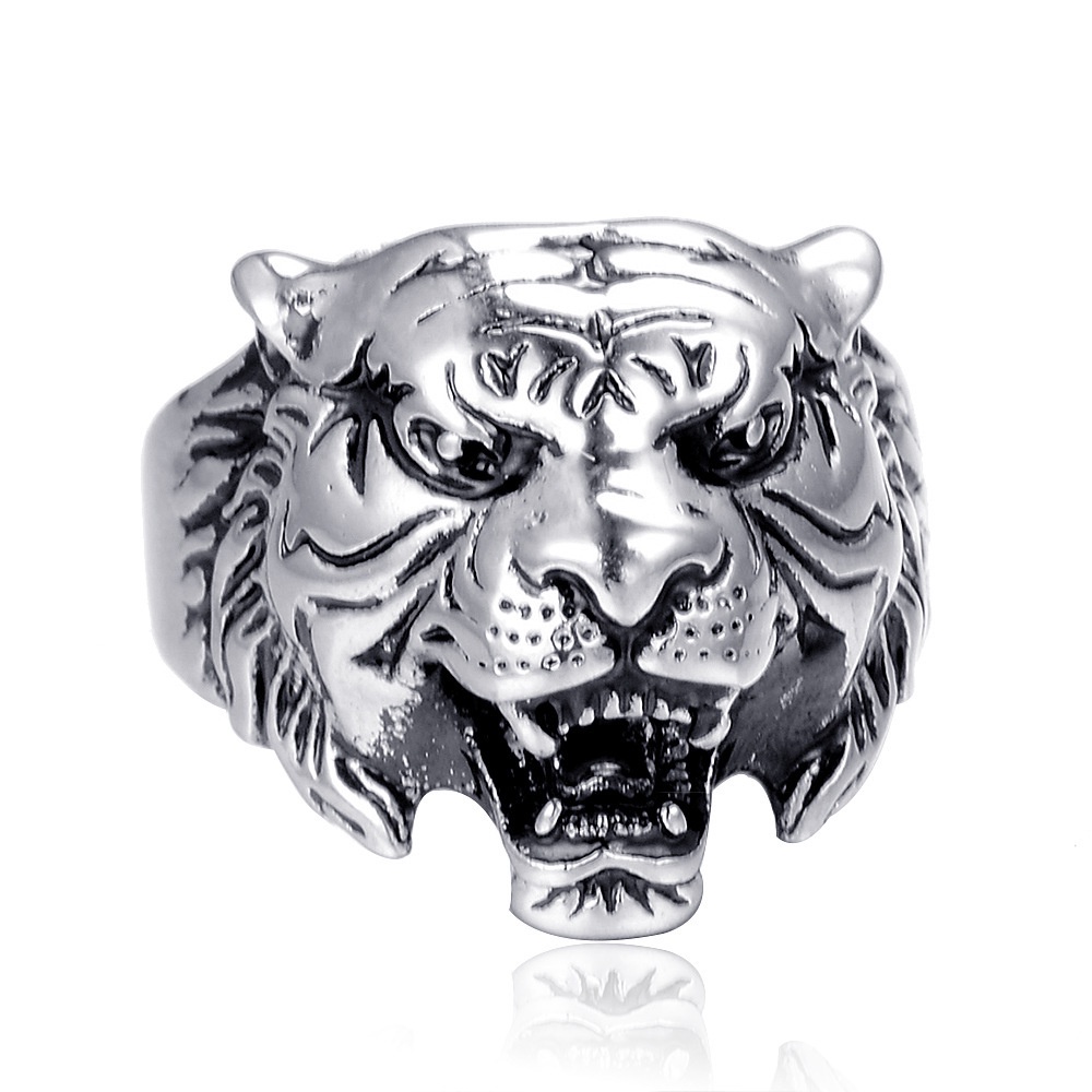 Cincin Model Terbuka Desain Kepala Harimau 3D Gaya Retro Untuk Pria