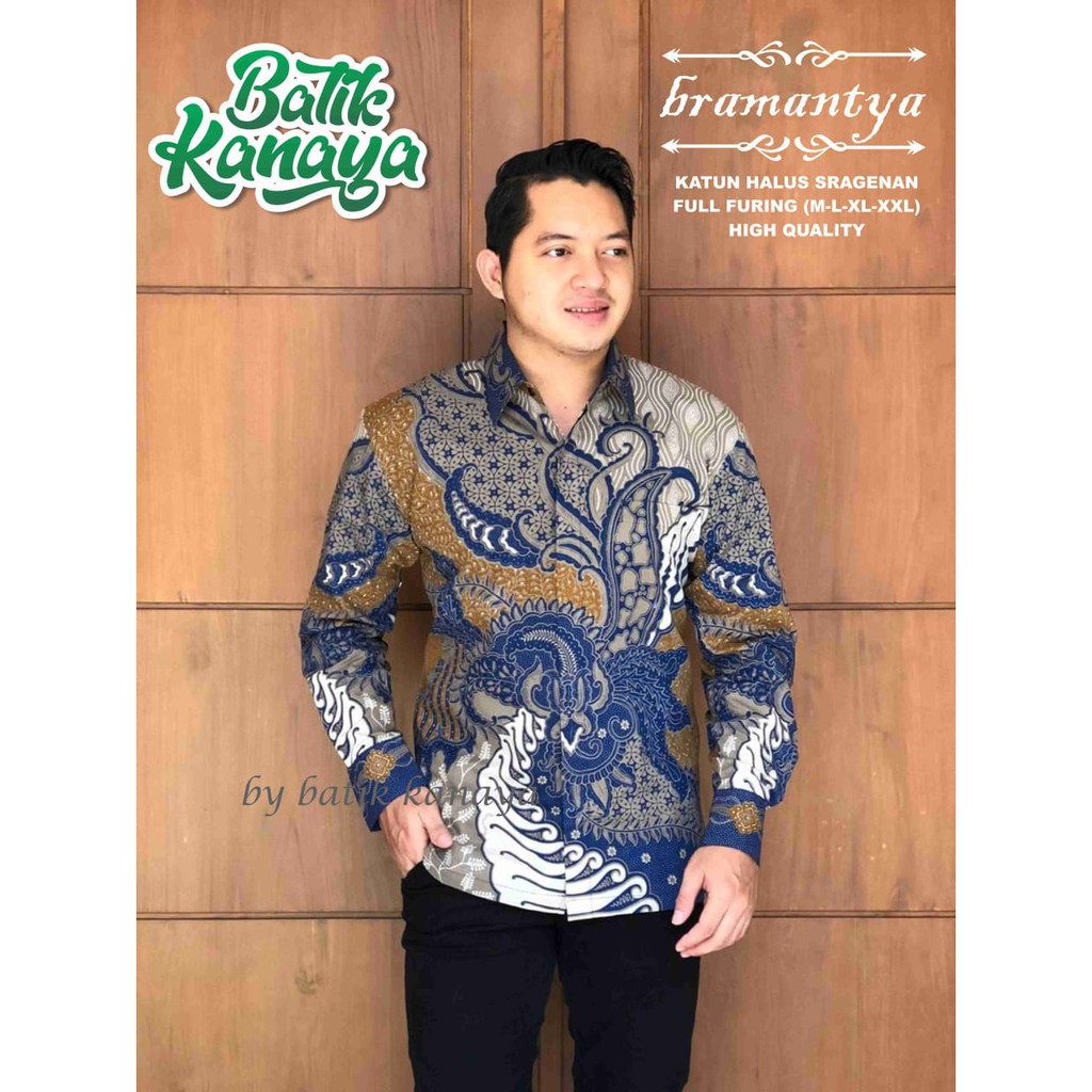 Bimasena Biru Kemeja Batik Pria Full Furing Bahan Katun Halus Sragenan