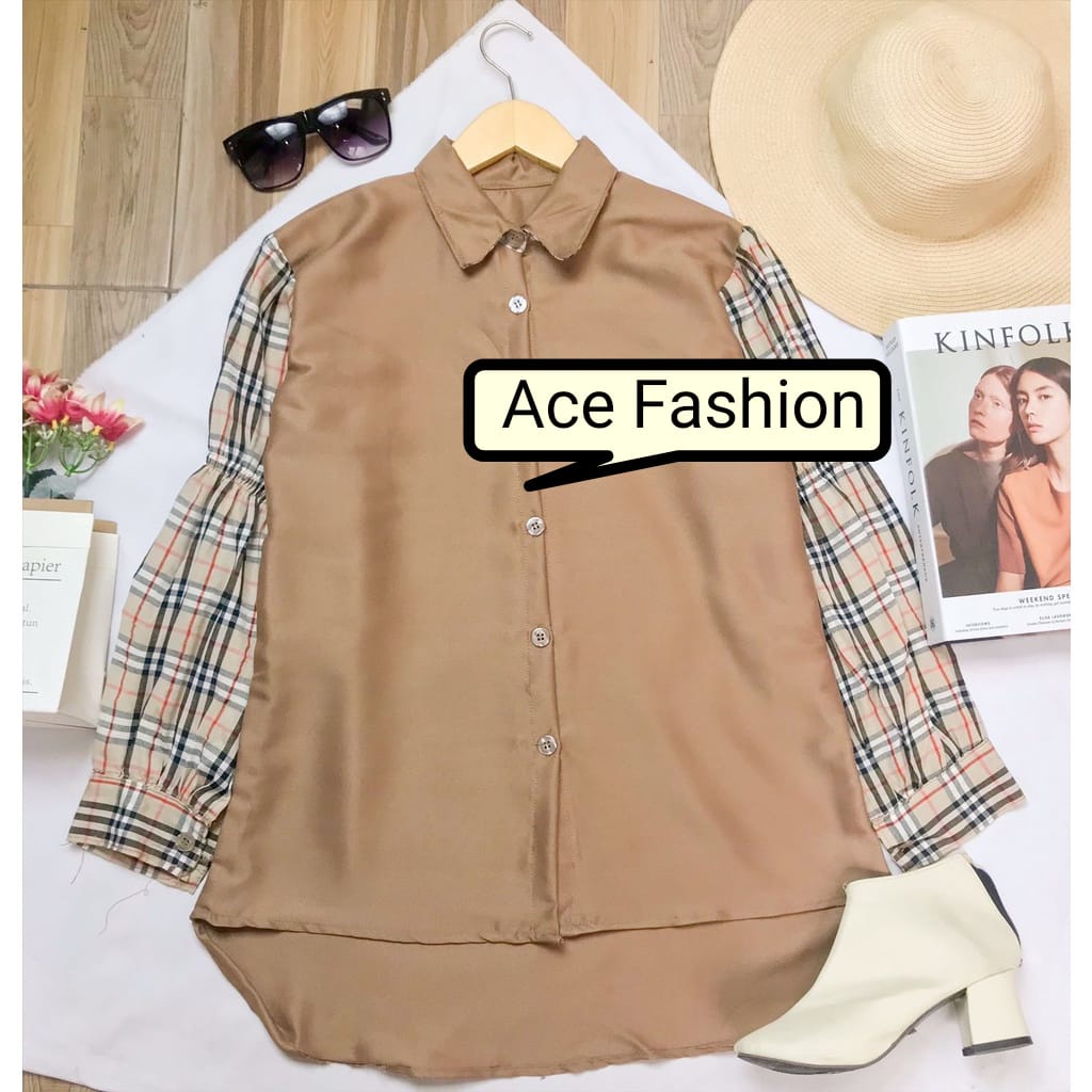 BEFAST - ZEC OOTD Wanita Blouse ECHA / Lia Combi Tartan / Blouse Combi Motif / Atasan Lengan Panjang / Blouse Combinasi / Blouse Casual Wanita / Blouse Kerja / Blouse Kekinain 2022 / Blouse Remaja Terbaru