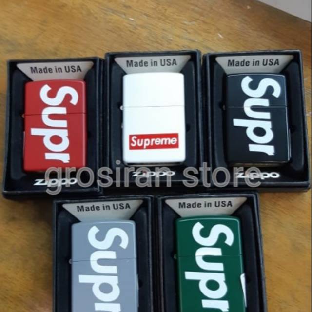 Zippo supreme custom logo tulisan nama print merah putih hitam abu hijau kado unik
