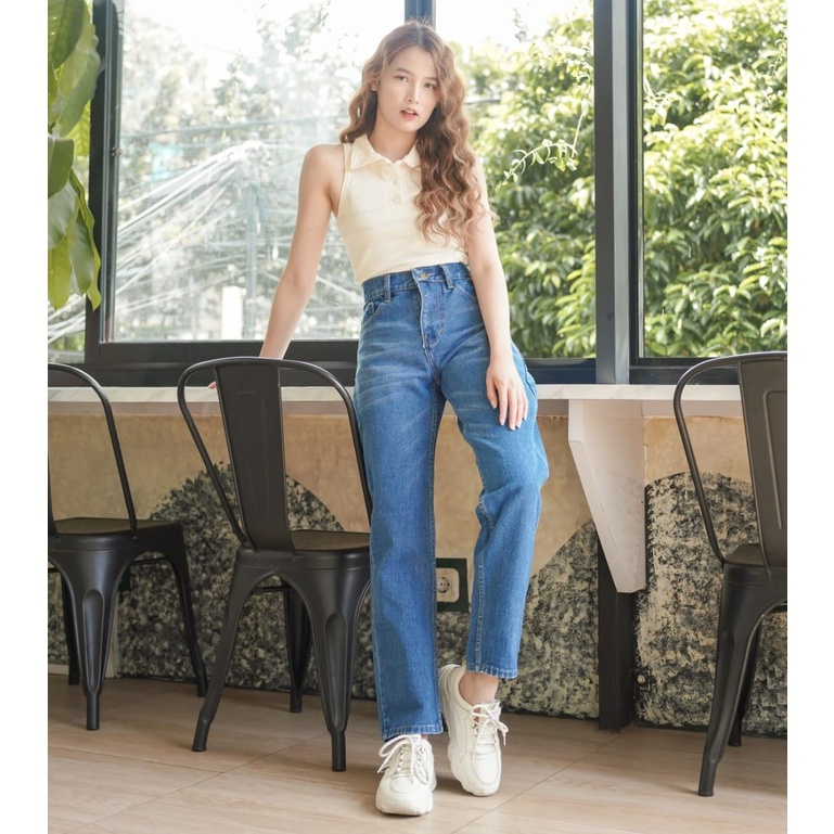 HOPYLOVY - Celana Boyfriend Jeans Loose Highwaist Wanita Gradasi Velita