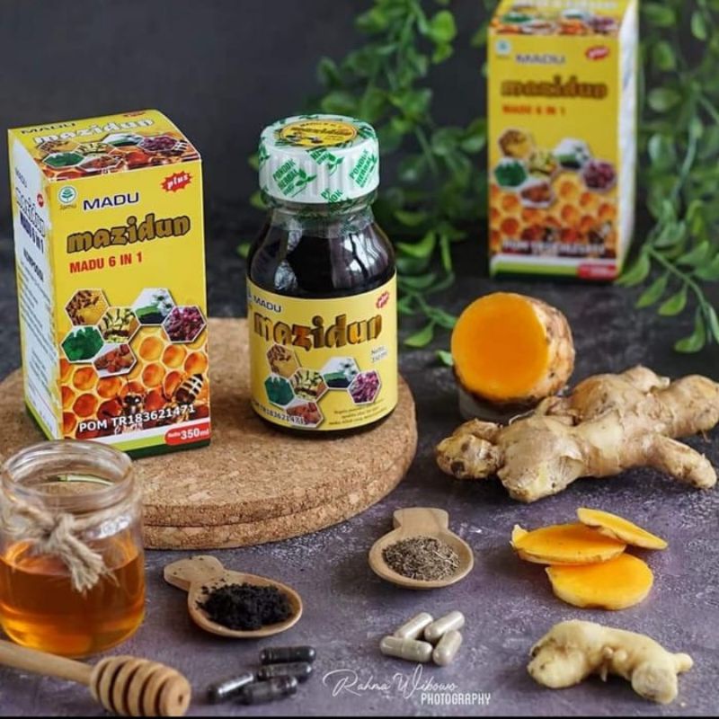 

MADU MAZIDUN 6 IN 1 - Madu + Zait Sauda + Zaitun + Ekstrak Jahe Merah + Pegagan + Temulawak