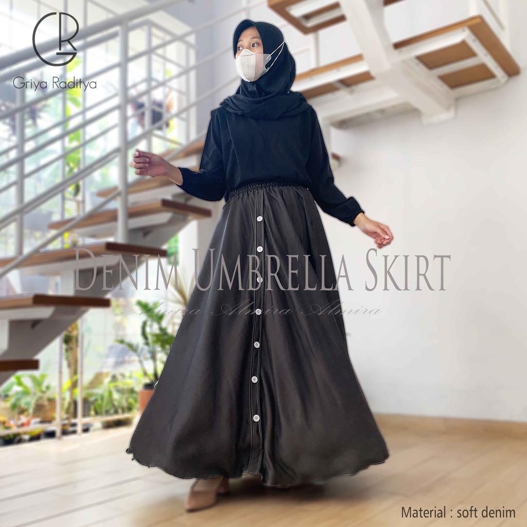 Rok Panjang Wanita Payung Muslimah Jeans Button Umbrella Skirt Chambray Soft Denim Griyaraditya