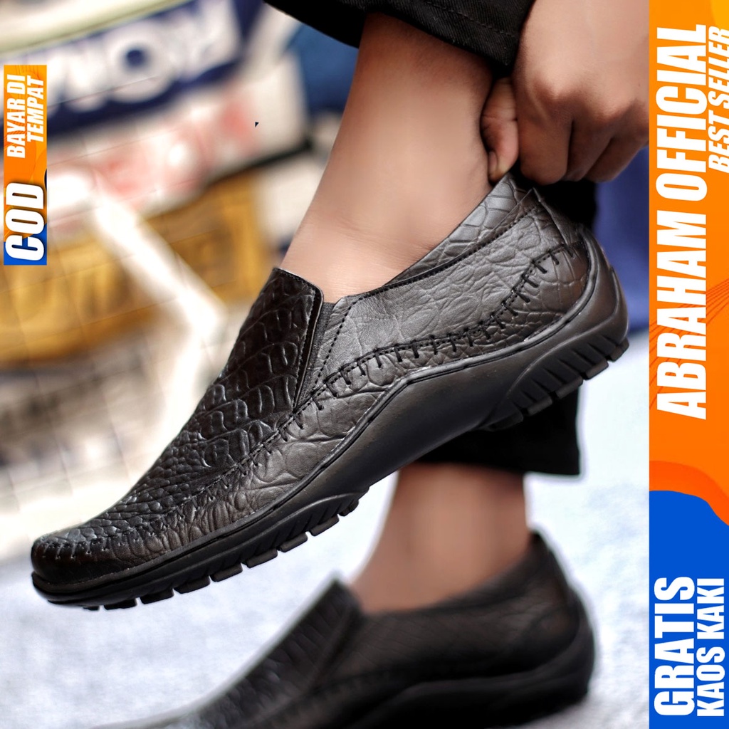 Sepatu Casual Pria Formal Slip On Pantofel Kulit Asli Kerja Kantor Kondangan Kuliah Hitam Fashion Shoes Terbaru Murah Kekinian Original CROCO ABRAHAM