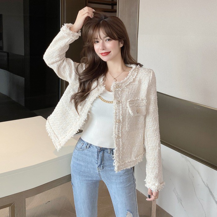 Suhao Elegan Mewah Tweed Mantel Pendek Wanita Musim Gugur/Musim Dingin Versi Korea Jaket Putih Santai Atasan