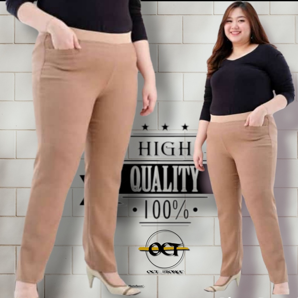 Office Pants Jumbo Celana Kerja Wanita Pinggang Karet High Waist Bahan Gracella Import Size M - 5L Varian Warna Black Mocca Brown Navy Grey Darkgrey