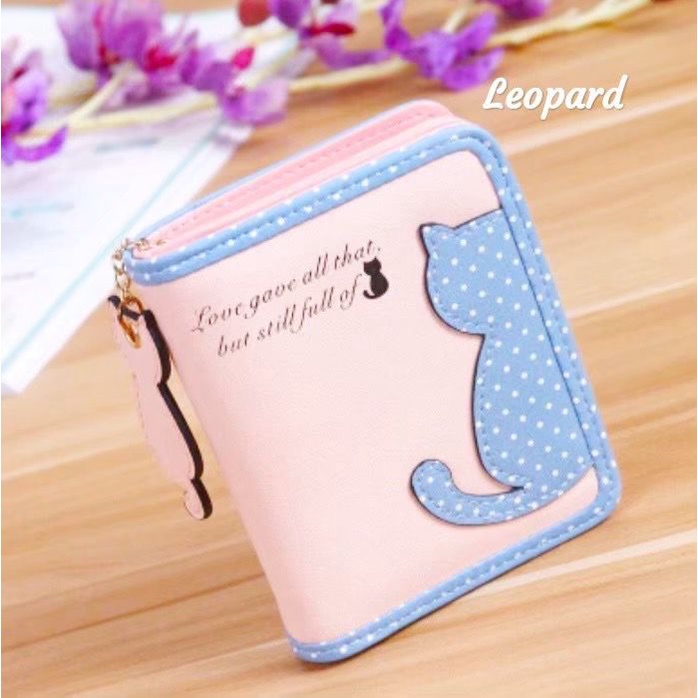 Dompet Mini Lipat Korea Motif CAT POLKADOT Lucu Unik Kecil Ringan Muat Banyak