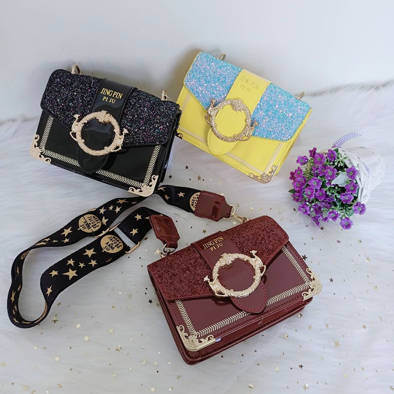 tas selempang wanita kulit paten tali bahu lebar sling bag korea import terbaru murah