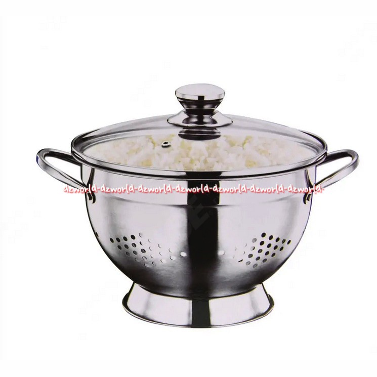 Krischeff Stainless Colander With Glass Lid 26cm Wadah Tempat Nasi