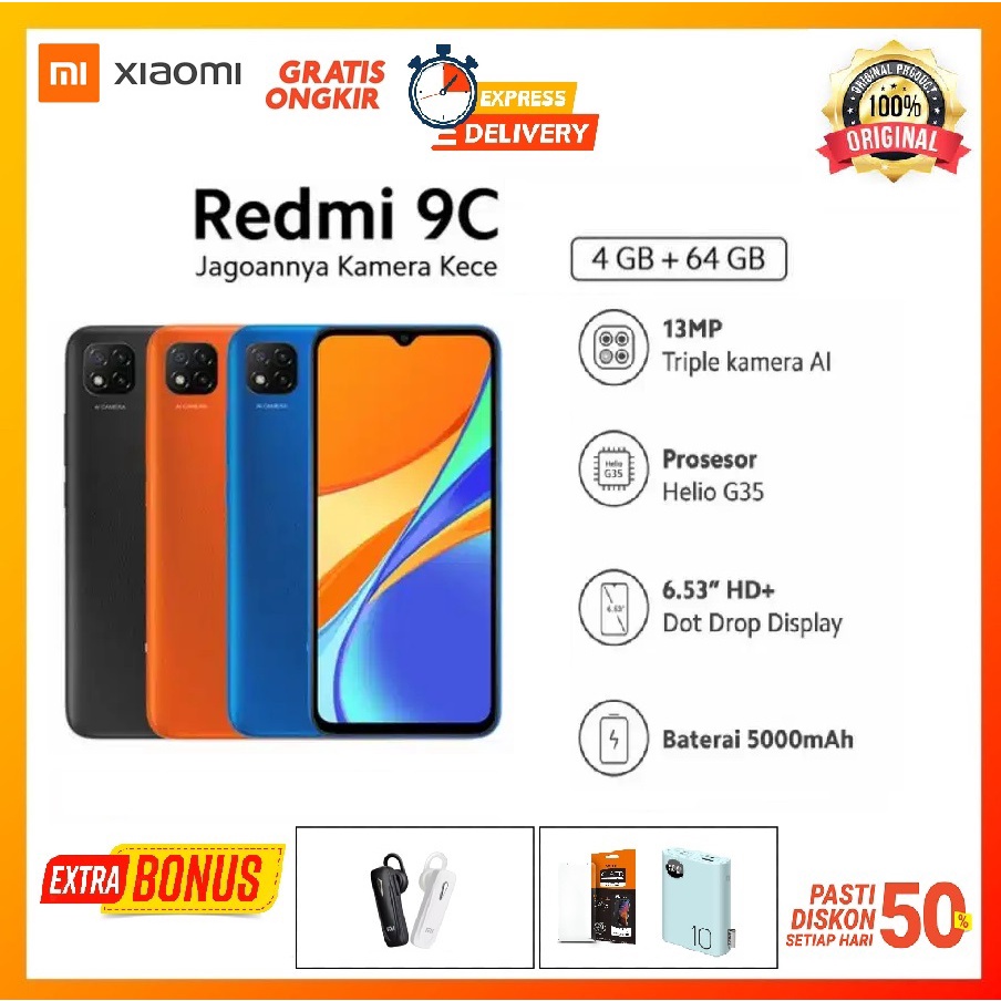 Xiaomi Redmi 9C (3GB+32GB) 4/64 DotDrop 6.53"" HD+, Baterai 5000mAh, Helio G35, 13MP Kamera Garansi 