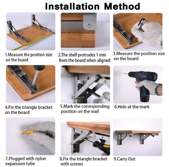 Bracket Engsel Rak Dinding Tempel Lipat Folding Stainless Steel Max Load 65kg 8 10 12 14 Inch 2 PCS