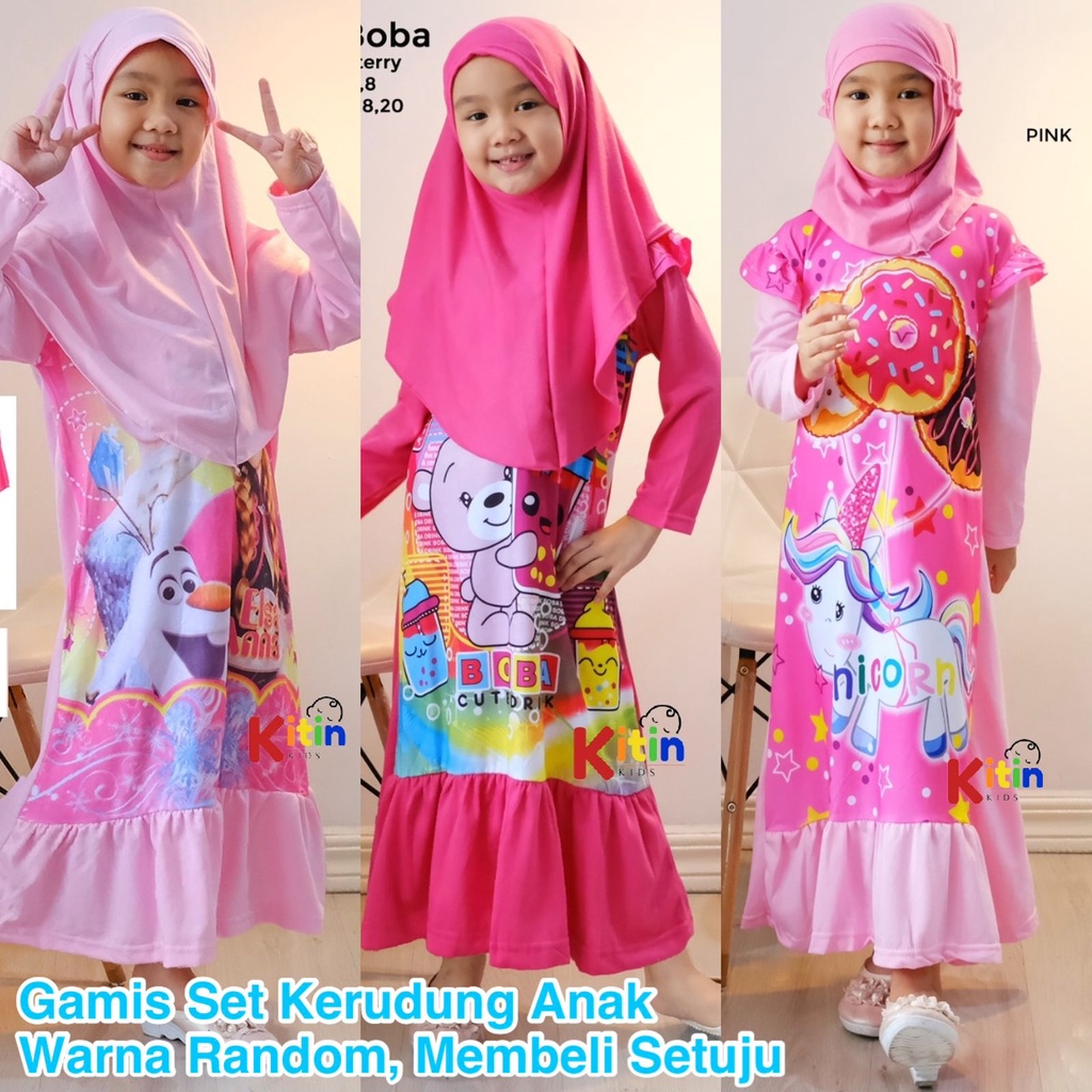 Baju Gamis Anak OP - PRINTING SET HIJAB 2-10 TAHUN NGAJI MOTIF BT21 BTS BOBA BUBBLE FROZEN ELSA ANNA