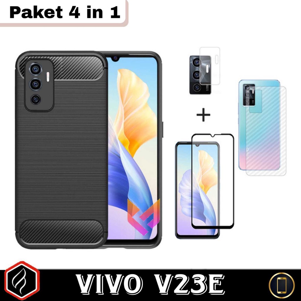 Paket HEMAT 4 in 1 VIVO V23e Case Ipaky Carbon dan Anti Gores layar Free Camera &amp; Garskin Pelindung Belakang HP Anti Jamur