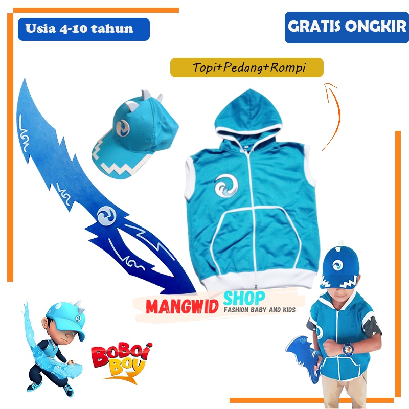BAJU SETELAN KOSTUM JAKET ROMPI + TOPI + PEDANG MAINAN + GELANG BOY BOBOIBOY ICE ANAK LAKI LAKI USIA