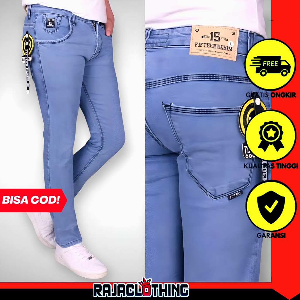 RCL - Celana Jeans Pensil Skinny Slimfit Biru Muda Cowok Pria S.M.L.XL 27 s/d 34 / Celana Jeans Pria Slim Fit Stretch Hitam Original FIFTEEN DENIM