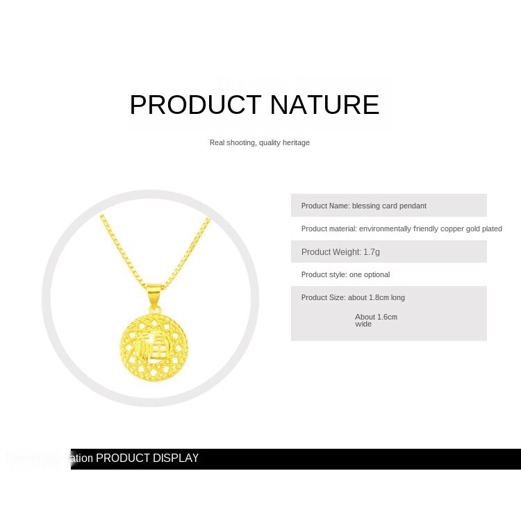 Kalung Emas Asli Kadar 375 Dengan Liontin Karakter Fu Hollow Gaya China Untuk Pria Dan Wanita