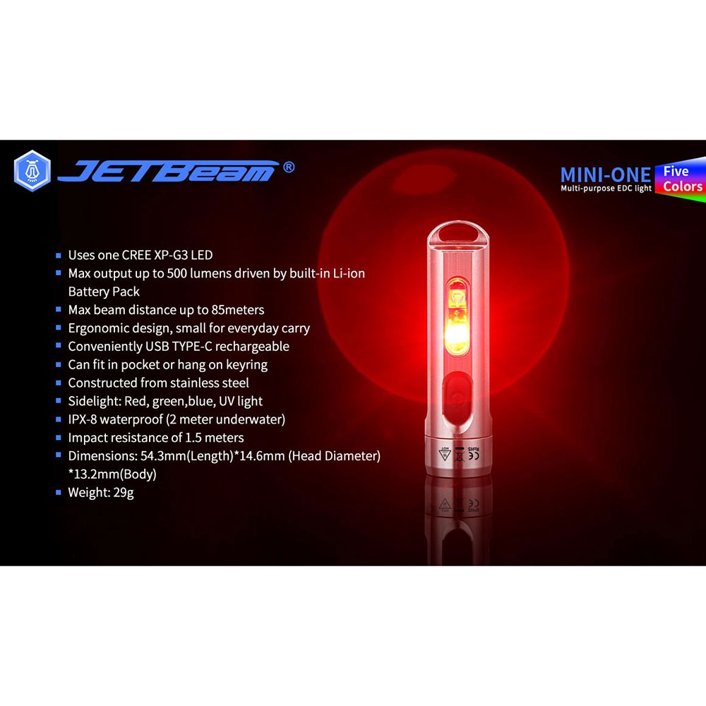 JETBeam Mini One Senter LED USB Rechargeable CREE XP-G3 500 Lumens with RGB + UV Light - Silver