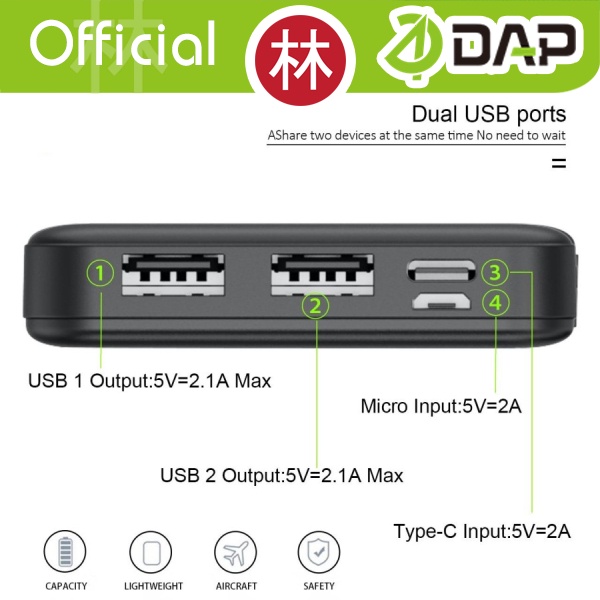 DAP D-P110 PowerBank 10.000 mah Dual Input Output Type C &amp; Micro USB