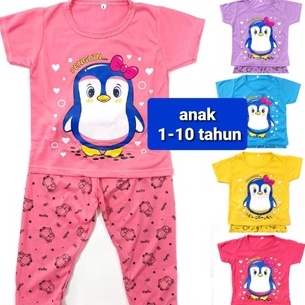 setelan anak perempuan kaos CP 1- 10 tahun lengan pendek celana panjang cewek baju tidur pinguin Grosir