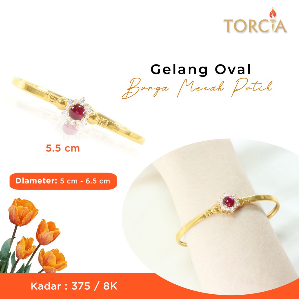 Gelang Oval Emas Asli Bunga Merah Putih Kadar 375 Torcia