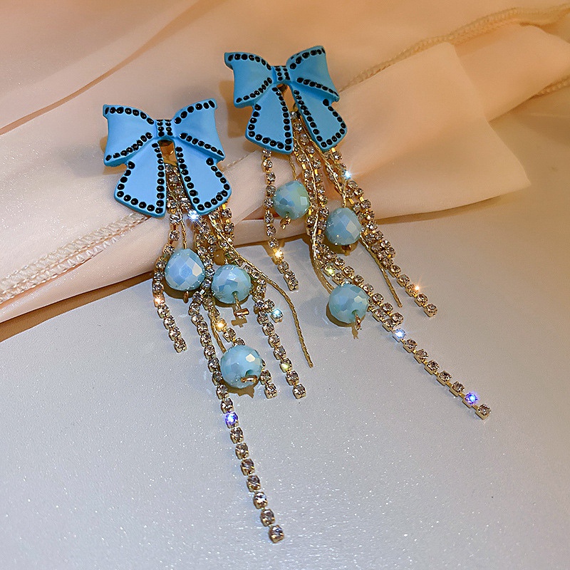 Fancyqube Anting Rumbai Panjang Desain Ikatan Simpul Warna Biru Aksen Manik-Manik Kristal Untuk Wanita