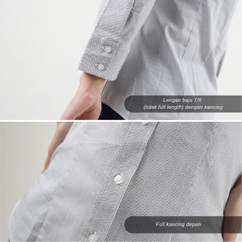 Kemeja Wanita Formal Full Kancing Lengan 7/8 Motif Stripe Katun Twill Stretch-6