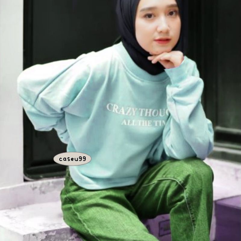 sweater crazy thought mint crop cropped mocca coklat swag Harajuku// crewneck sweetshirt wanita pria perempuan laki cewe cowo unisex bahan fleece// sweater distro viral// Women Man Sweatshirts Loose Oversize Pullover print sablon