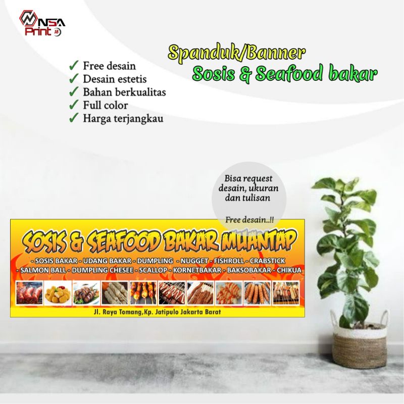 Cetak banner/spanduk, banner Aneka jajanan, sosis & seafood bakar, Bisa request & free desain