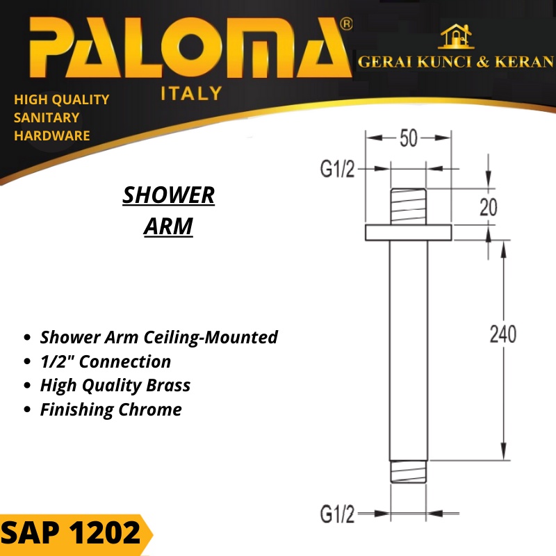 SHOWER ARM PALOMA CEILING MOUNTED SAP 1202