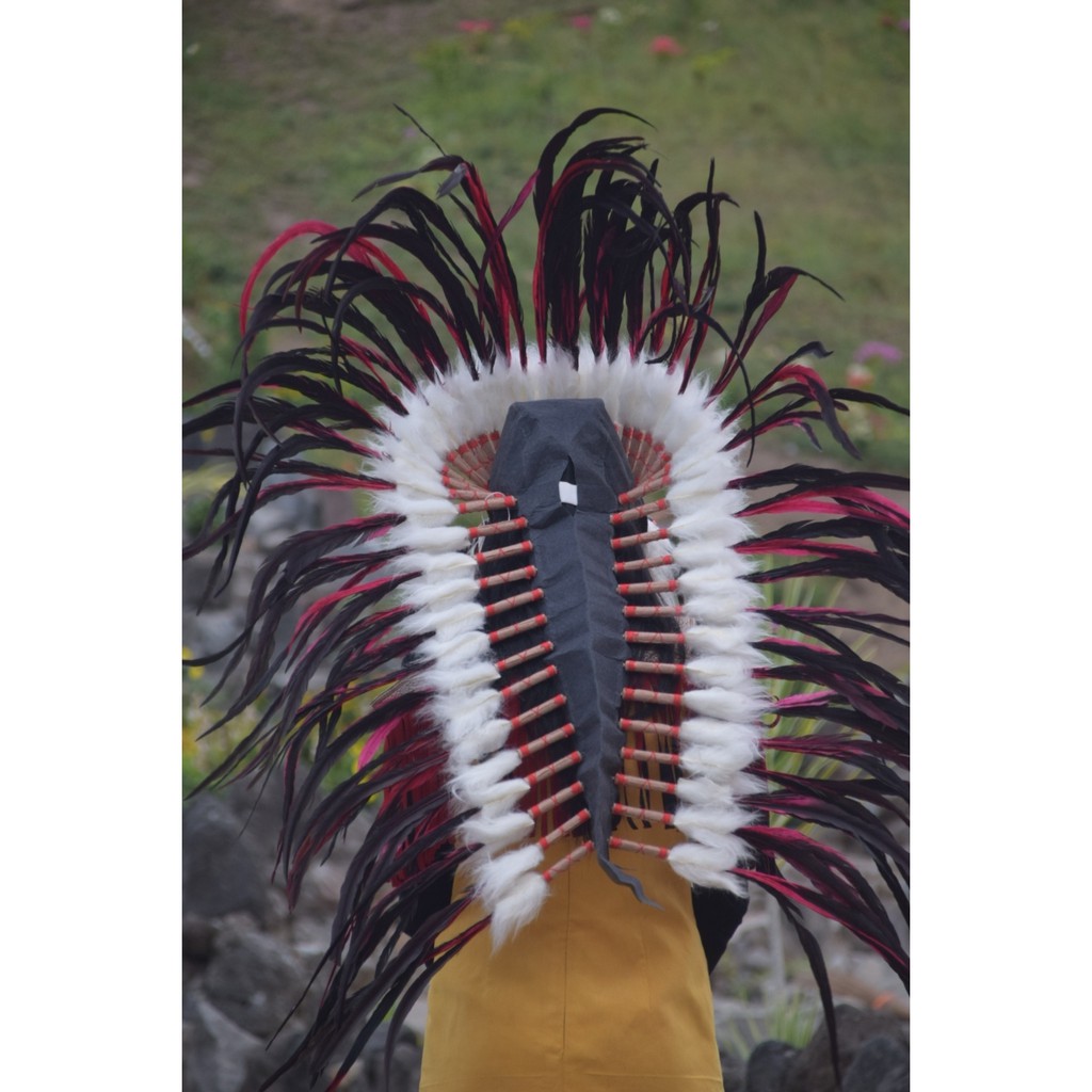 TOPI INDIAN - INDIAN HEADDRESS MEDIUM AYAM BILABONG MERAH FUR PUTIH