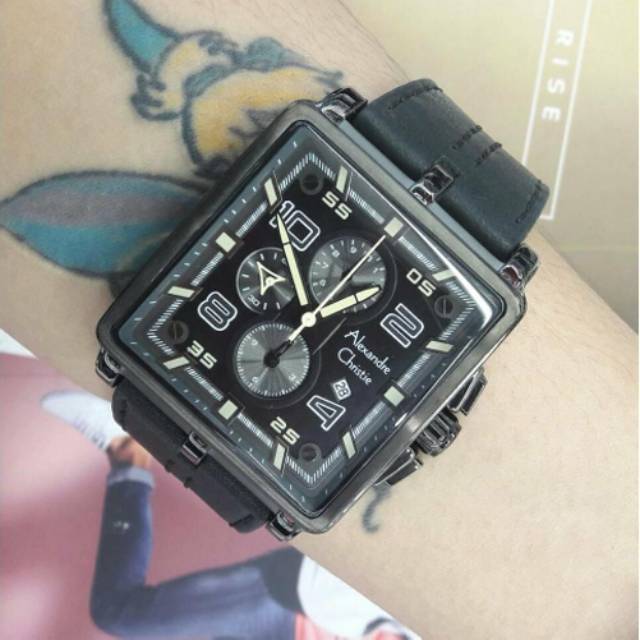 Jam Tangan Alexandre Christie AC 6409 MC Leather / Kulit Black Green Pria / Cowok Original