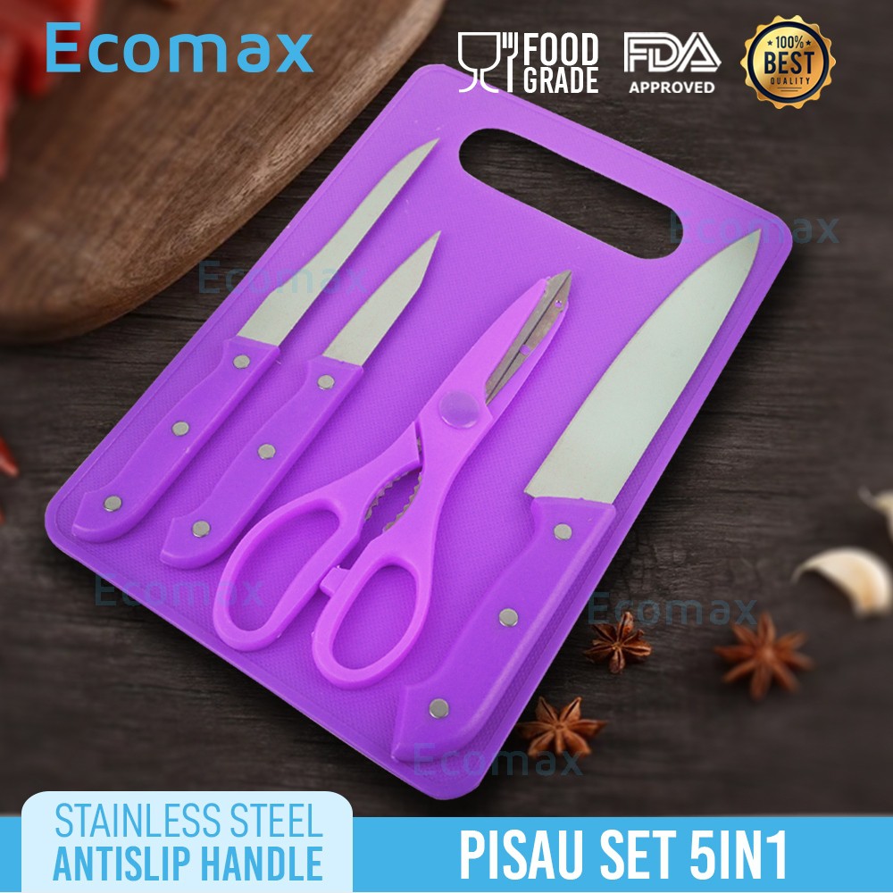 Ecomax Pisau Dapur Set Lengkap 5in1 Alat Dapur Pisau Plus Talenan & Gunting - Ungu