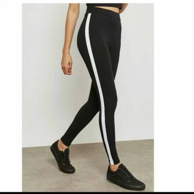 Legging Strip/Line/List Putih Panjang Wanita Polos Fit To L Max BB 65Kg / Legging Stripe Standar