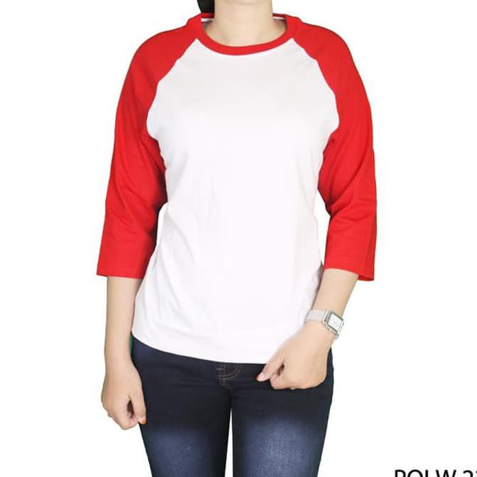 Sale Kaos Raglan Wanita Cotton Combed S20 Putih Kombinasi Merah  Polw 23