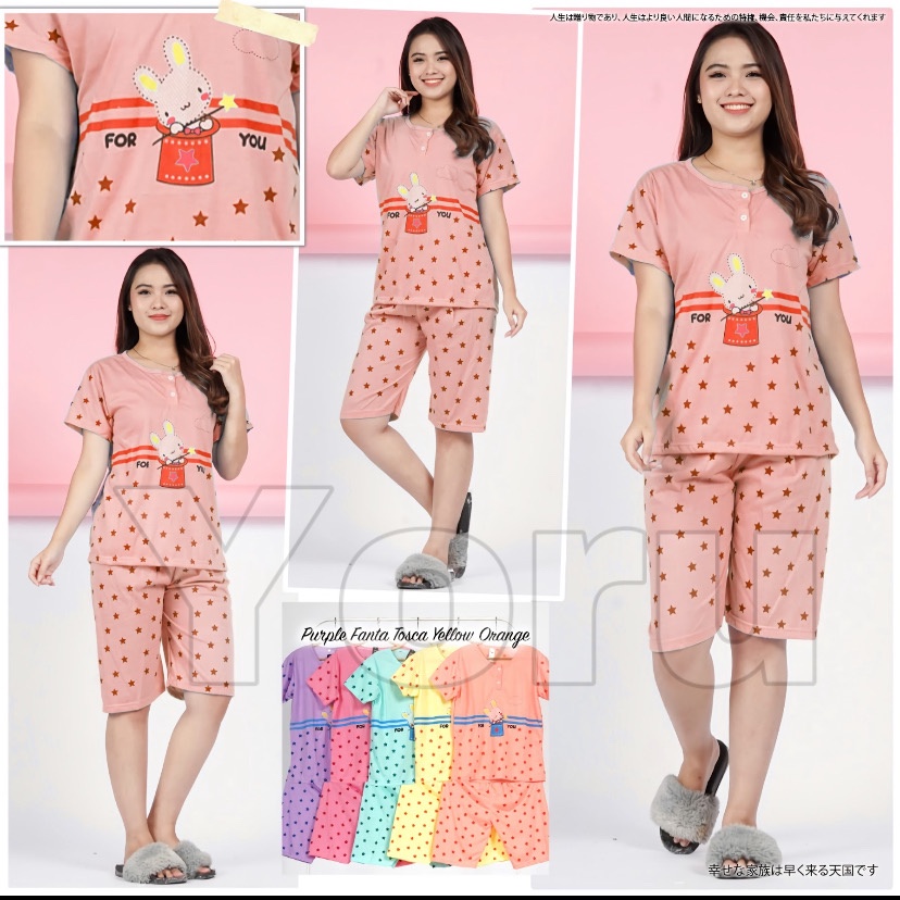 Pamelo.id Stelan C3/4 Baby Doll / Suplier Sleep Wear / Baju Tidur Wanita kaos Katun / Stelan Baju Tidur Murah Produk Terlaris Set HP-Rabbit star Salem