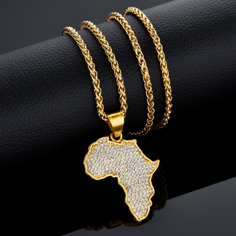 Kalung Liontin Peta Afrika Bahan Stainless Steel Warna Emas Untuk Pria Dan Wanita