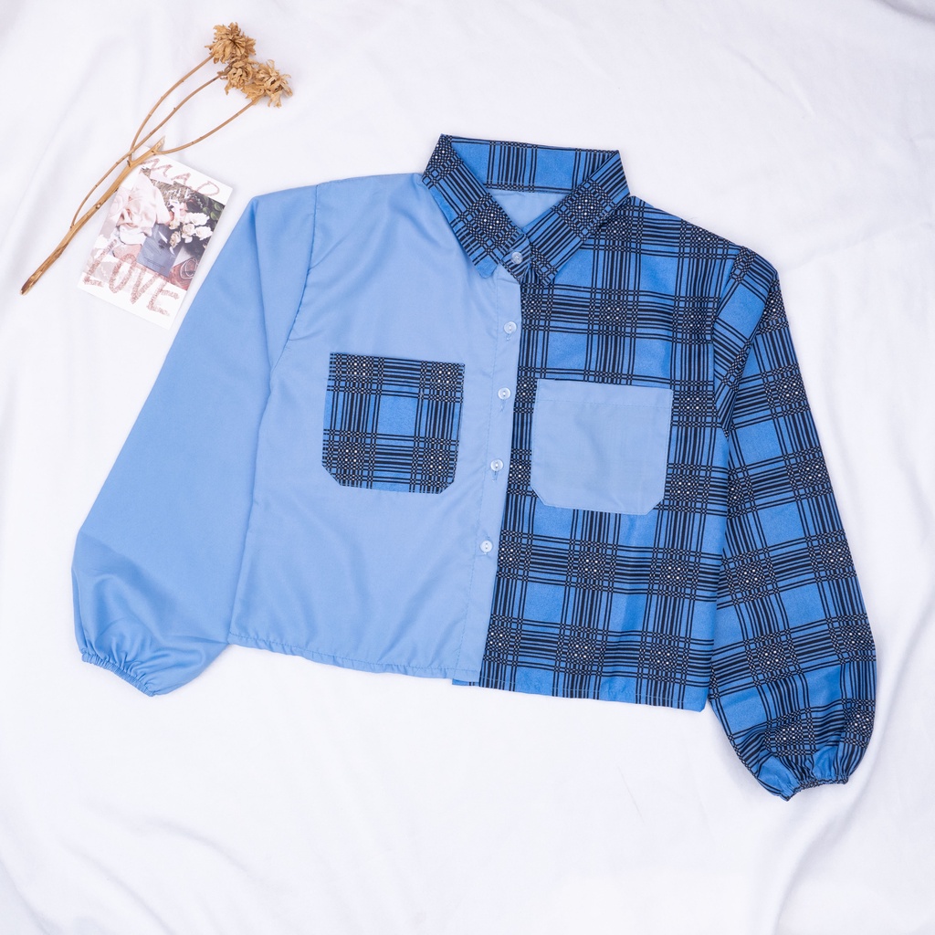 SALE!!! Mika Crop Top / Kemeja Crop Wanita Tartan / Kemeja Two Tone Kotak-VINTAGE BIRU