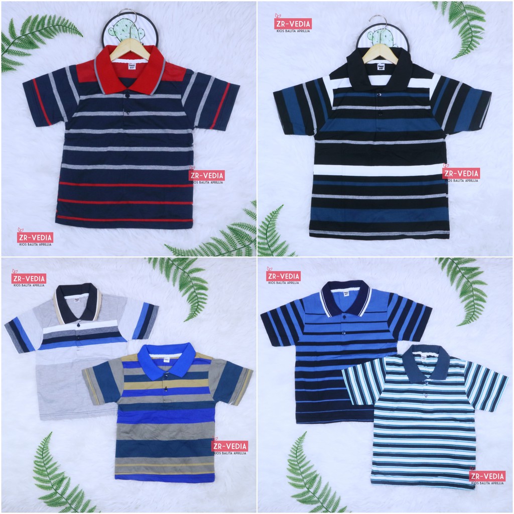 Kerah Salur T-Shirt Anak Laki uk 3-5 Tahun / Kaos Salur Baju Adem Lengan Pendek Murah Harian Polos