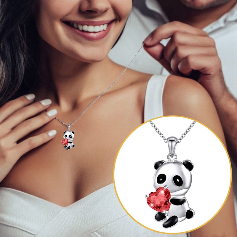 Kalung Wanita Dengan Liontin Panda Sapphire Hati Kristal Untuk Hadiah Ulang Tahun Anniversary