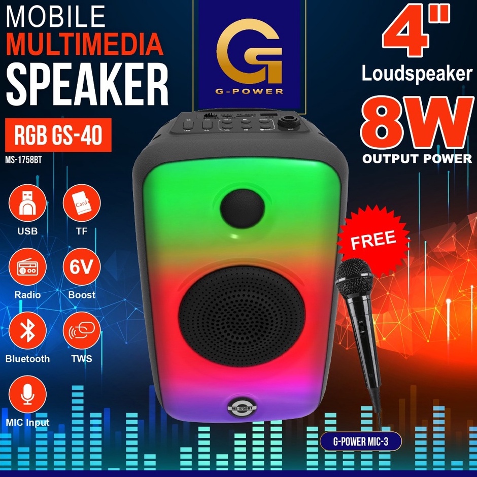 Speaker Bluetooth G-Power 4&quot; gs-40 type MS-1758BT Full Panel RGB light Show free microphone  original bergaransi/termurah