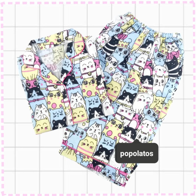 OBRAL SET PIYAMA  CEWEK DEWASA MOTIF KUCING - ALLSIZE FIT TO L - BAHAN KATUN JEPANG  - POPOLATOS