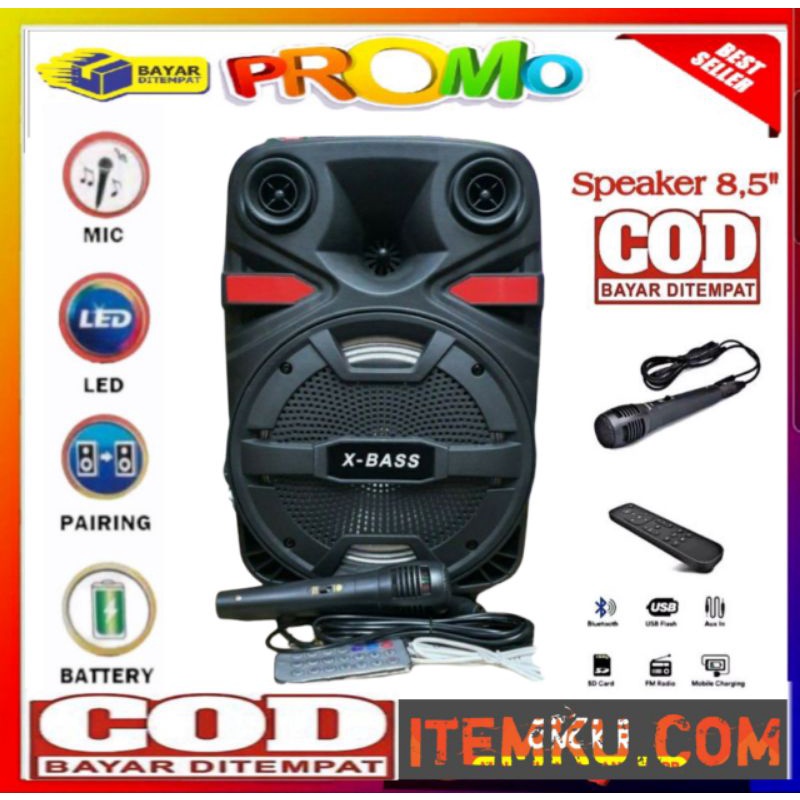 Speaker bluetooth karaoke fleco f-8608 bonus mimi-xbass 8,5inchi xtra bass