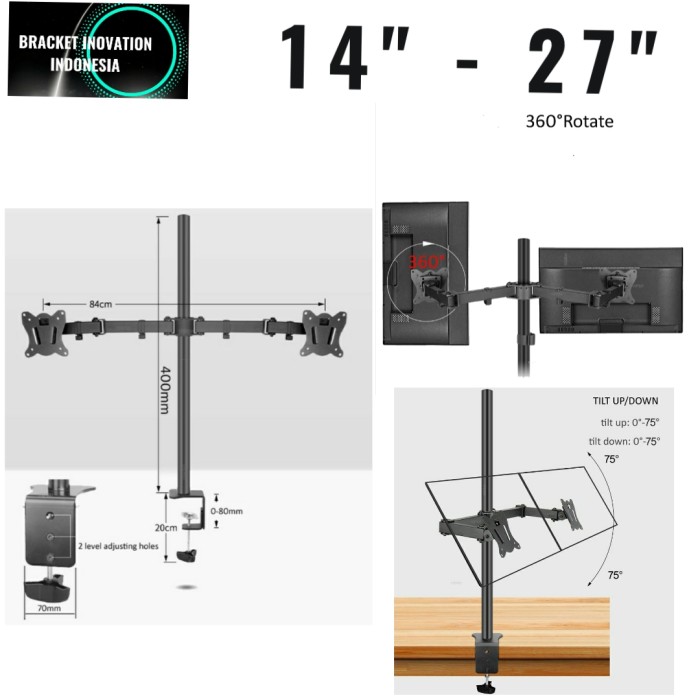 Bracket dual monitor jepit meja 15 17 19 20 22 24 27 inch Adjustable