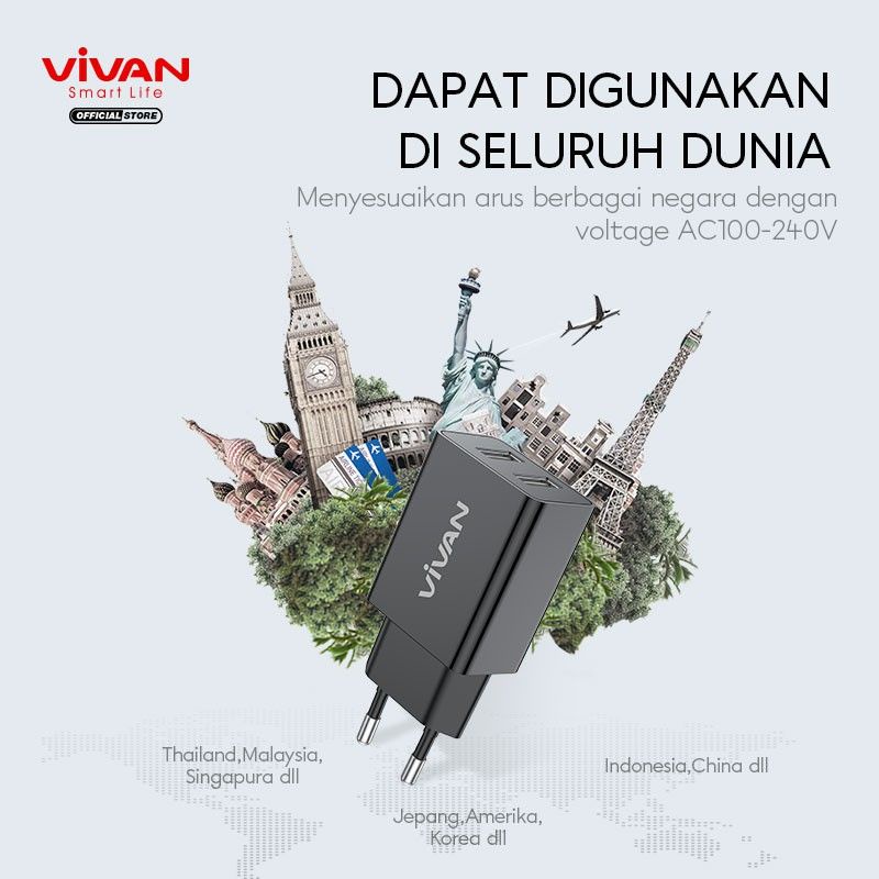 CHARGER VIVAN Dual USB 2.4A DD02 12Watt With Cable Fast Charging 12Watt Gratis Kabel Termurah