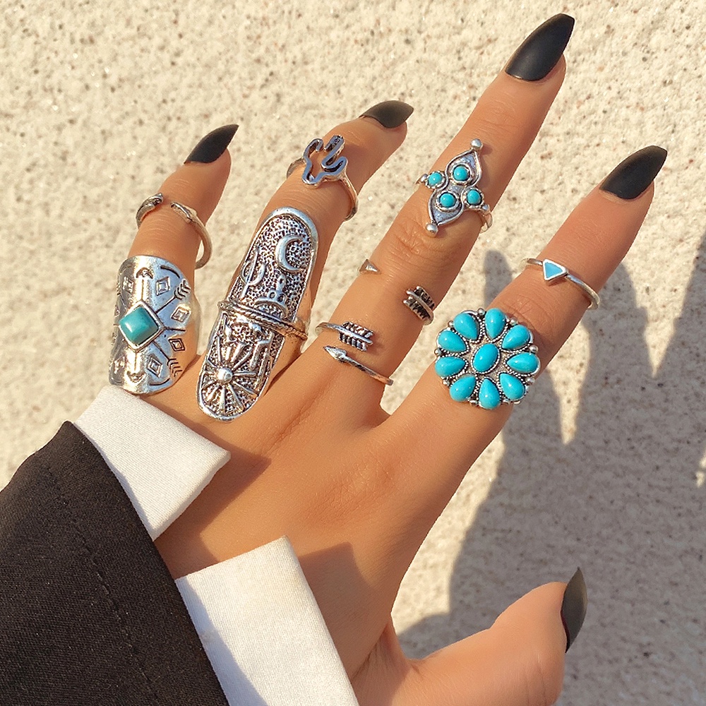 Set Cincin Desain Ular Aksen Kristal Turquoise Hijau Gaya Retro Bohemia Vintage Untuk Wanita