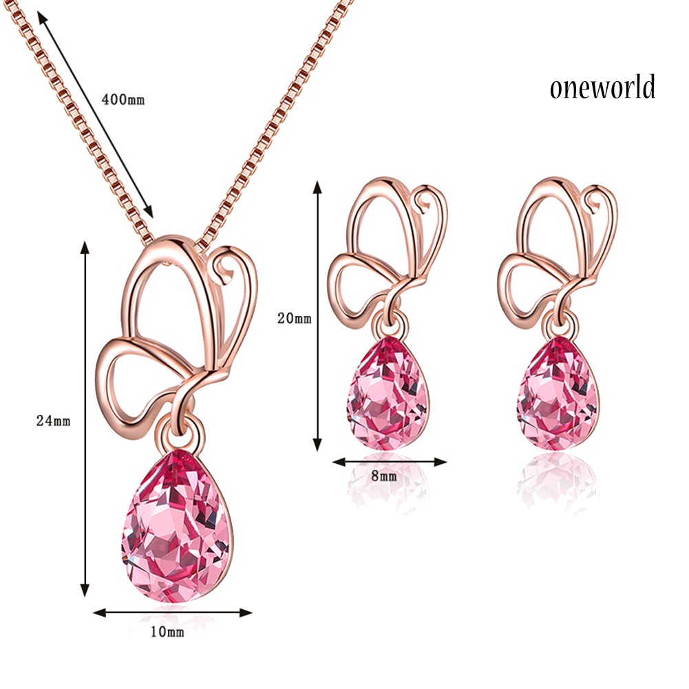 OW@ Hollow Petal Water Drop Rhinestone Charm Stud Earrings Necklace Lady Jewelry Set