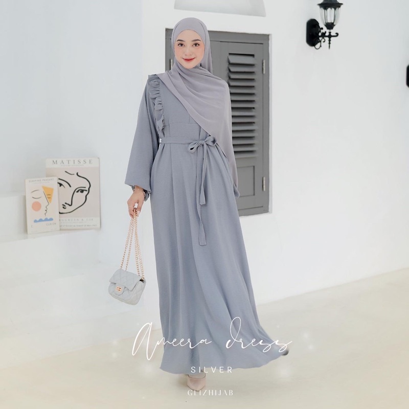 GlizHijab | Ameena Dress | Gamis Remaja Muslimah Terbaru Fashion Wanita Gamis Cringkle Ukuran XS - JUMBO-Silver
