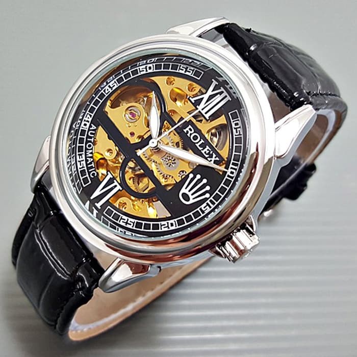 Jam Tangan Pria / Cowok Rolex Kulit Automatic Romawi Silver