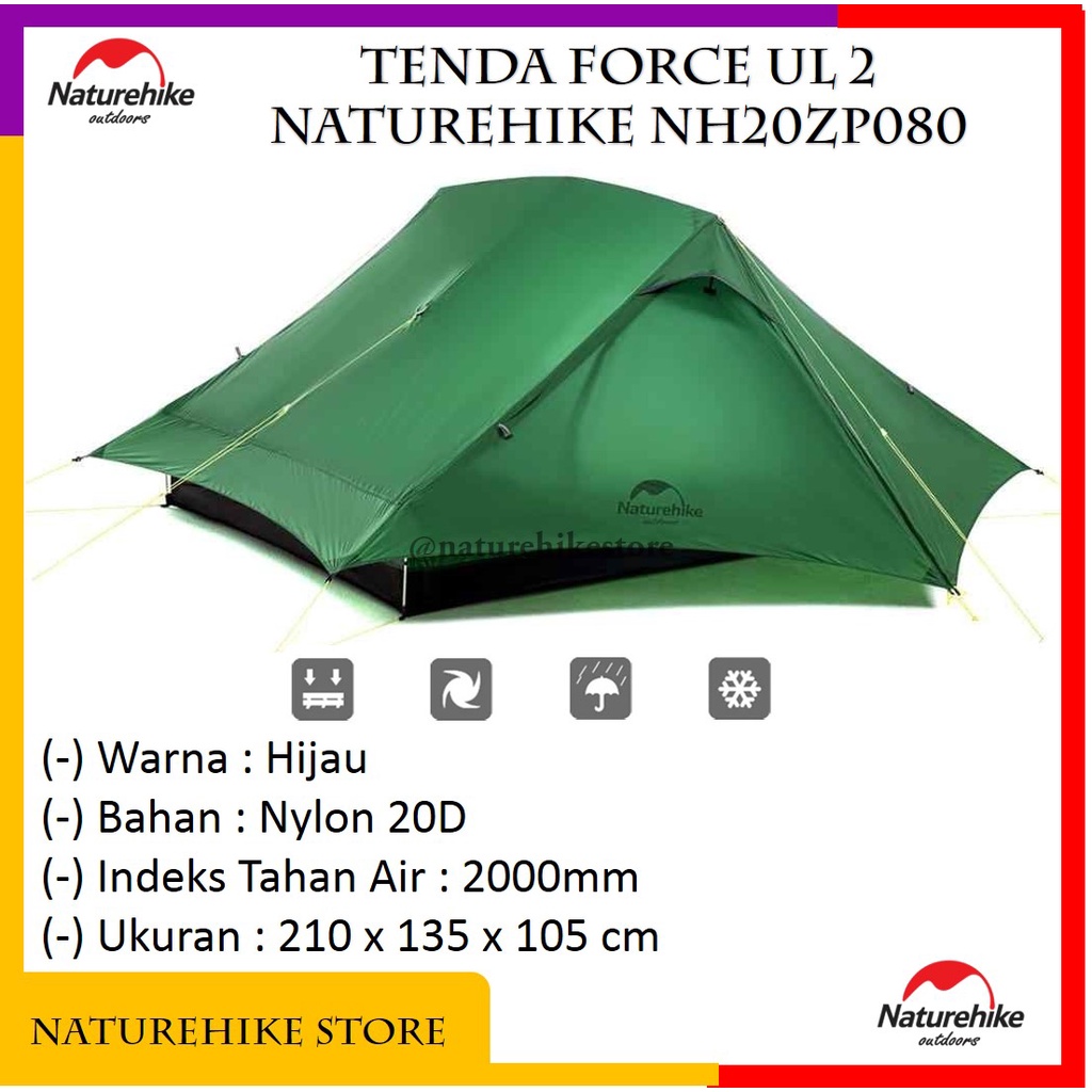 Tenda Force UL 2 Ultralight Nylon 20D Camping Outdoor Hiking Gunung Kapasitas 2 Orang Naturehike NH2